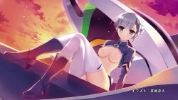 10s 1girl anime_screenshot arm_support artist_name belt belt_skirt blue_boots blue_eyes blue_hair blunt_bangs blush bodysuit boots breasts cloud cloudy_sky cropped_jacket crossed_legs dutch_angle emblem end_card eyecatch female_focus fin_e_ld_si_laffinty flower full_body grey_eyes hair_flower hair_ornament high_heel_boots high_heels highres jpeg_artifacts legs leotard long_sleeves looking_at_viewer matching_hair/eyes mecha medium_breasts misaki_kurehito nipples non-web_source nude nude_filter outdoors parted_lips partially_undressed pilot_suit production_i.g pussy rinne_no_lagrange robot short_hair sidelocks silver_hair sitting sky solo sunset thighhighs third-party_edit turtleneck uncensored undressing vox_lympha white_thighhighs xebec