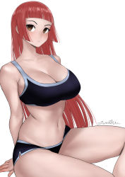 Rule 34 | 1girl, absurdres, aki-chan (dismaiden), blunt bangs, breasts, brown eyes, cleavage, dismaiden, dolphin shorts, highres, large breasts, navel, original, parted bangs, red hair, short shorts, shorts, signature, solo, sports bra