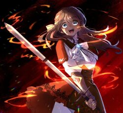 black_hair blue_eyes cowenna holding holding_sword holding_weapon mabinogi non-web_source red_ribbon ribbon sword weapon