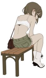 1girl ass back bag bench boots brown_hair camisole crop_top full_body grey_eyes handbag highres jewelry kingrun looking_to_the_side necklace original short_hair short_shorts shorts simple_background sitting solo white_background