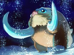 animal_focus black_sclera colored_sclera fusenryo gen_4_pokemon mamoswine nintendo no_humans pokemon pokemon_(creature) slit_pupils snow solo tail tusks white_eyes