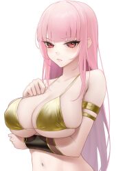 1girl absurdres armlet bare_shoulders bikini blush bracer breasts cleavage closed_mouth collarbone commentary highres hololive hololive_english huge_breasts jewelry long_hair looking_at_viewer mori_calliope navel pink_eyes pink_hair simple_background solo somebody_(leiking00) stomach swimsuit virtual_youtuber white_background yellow_bikini