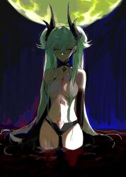 1girl black_hands body_markings breasts chin_boooooooo colored_extremities demon_girl demon_horns fate/grand_order fate_(series) green_eyes hair_around_horn hair_censor hair_over_breasts highres horns lilith_(fate) long_hair looking_at_viewer moon panties pointy_ears solo tattoo_between_breasts topless_female twintails underwear