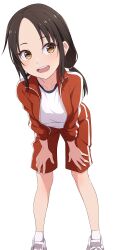 1girl :d absurdres bent_over black_hair commentary_request gym_shirt gym_uniform hands_on_own_knees highres jacket long_hair low_twintails manemane_nichinichi na-suke nagisa_akane open_clothes open_jacket open_mouth pants red_jacket shirt simple_background smile solo teeth tongue track_jacket track_pants twintails upper_teeth_only white_background white_shirt