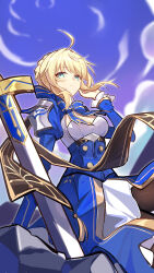 1girl absurdres ahoge artoria_pendragon_(fate) blonde_hair blue_dress braid breasts cleavage closed_mouth cloud cloudy_sky commentary dress fate/stay_night fate_(series) from_side hapwind highres honkai:_star_rail honkai_(series) looking_at_viewer medium_hair planted planted_sword planted_weapon purple_sky saber_(fate) saber_(honkai:_star_rail)_(fate) sky smile solo sword weapon