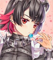1girl apron black_hair blush breasts candy ellen_joe food frilled_apron frills holding holding_candy holding_food holding_lollipop lollipop maid maid_apron marker_(medium) nail_polish red_eyes red_hair red_nails shark_girl solo traditional_media white_apron yuto_takumi zenless_zone_zero