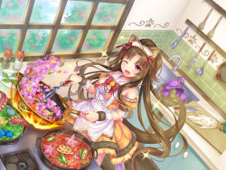 &gt;_&lt; 1girl :3 animal_ears apron armpit_crease bare_shoulders blush breasts brown_hair cleavage cleavage_cutout clothing_cutout collarbone cooking cutting_board daikon detached_sleeves dress fire fish fire food fruit holding indoors knife long_hair looking_at_viewer maid maid_apron maid_headdress medium_breasts mushroom octopus one_eye_closed open_mouth orange_dress original otosume_ruiko paw_print puffy_sleeves radish red_ribbon ribbon smile solo soup_ladle spatula spoon standing starfish stove vegetation very_long_hair watermelon watermelon_seeds window wok wooden_spoon x_x