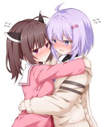 Rule 34 | 2girls, a.i. voice, ahoge, black undershirt, blush, breasts, bright pupils, brown cardigan, brown hair, cardigan, commentary request, flustered, flying sweatdrops, full-face blush, grin, hair ornament, hairclip, headgear, highres, hug, long sleeves, mac 4229, multiple girls, nervous sweating, no pupils, partial commentary, pink sweater, purple eyes, purple hair, red eyes, sailor collar, school uniform, serafuku, short hair, small breasts, smile, sweat, sweater, touhoku kiritan, voiceroid, wavy mouth, white background, white sailor collar, yuri, yuzuki yukari, yuzuki yukari (shizuku)