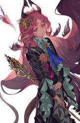 1girl absurdres ahoge arknights black_jacket center_frills chinese_commentary closed_mouth commentary_request cosplay demon_horns demon_tail frills haibian_dapaopao hair_ornament highres holding holding_staff horns jacket long_hair looking_at_viewer nymph_(arknights) parted_bangs pink_eyes pink_hair pointy_ears simple_background solo staff tail very_long_hair
