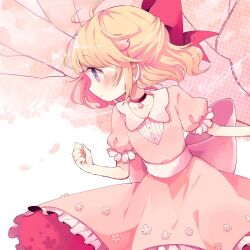 Rule 34 | 1girl, blonde hair, blue eyes, blush, bow, cherry blossoms, choker, dress, earrings, flat chest, flower, flower earrings, hair bow, highres, jewelry, looking to the side, medium hair, mother (series), mother 2, nintendo, paula (mother 2), petals, pink dress, pink theme, red bow, sushitarou