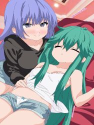 2girls bed blush breasts date_a_live dulcenekoemilia green_hair grey_eyes grey_hair izayoi_miku kyouno_natsumi long_hair multiple_girls shirt shorts thighs