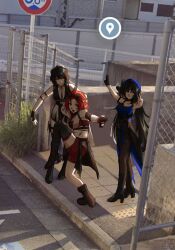 Rule 34 | 3girls, absurdres, bare shoulders, black gloves, black hair, breasts, chain-link fence, chixia (wuthering waves), cleavage, crop top, female rover (wuthering waves), fence, gloves, google maps, google street view, grey hair, hair ornament, hairclip, high school girls posing for google street view (meme), highres, long hair, meme, mole, mole under eye, multicolored hair, multiple girls, open mouth, photo background, raised curb, red eyes, red hair, road sign, rover (wuthering waves), shorts, sidewalk, sign, sleeveless, smile, standing, standing on one leg, tacet mark (wuthering waves), tactile paving, tractorbelarus228, two-tone hair, v, very long hair, wuthering waves, yangyang (wuthering waves), yellow eyes