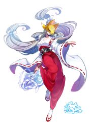 Rule 34 | 1girl, belt, breasts, cleavage, collarbone, digimon, digimon (creature), fox mask, full body, grey hair, highres, holding, japanese clothes, kimono, large breasts, lipstick, makeup, mask, pants, red pants, sakuyamon, sakuyamon: miko mode, sakuyamon miko mode, simple background, solo, white background, white kimono, wide sleeves, youzaiyouzai112
