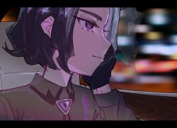 1boy amethio_(pokemon) black_gloves bright_pupils car_interior closed_mouth collared_shirt commentary_request copituji gloves hand_up highres letterboxed looking_to_the_side male_focus multicolored_hair nintendo pokemon pokemon_(anime) pokemon_horizons purple_eyes reflection shirt short_hair solo symbol-shaped_pupils triangle-shaped_pupils two-tone_hair window