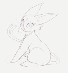 :3 animal_collar animal_focus blush breath collar espeon fang forehead_jewel forked_tail from_side full_body gen_2_pokemon grey_background greyscale happy kekitopu light_blush looking_at_viewer monochrome nintendo no_humans open_mouth pokemon pokemon_(creature) raised_eyebrows simple_background sitting sketch smile solo tail