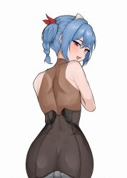 1girl :d absurdres ass bare_shoulders blue_hair blush bodysuit braid colphne_(girls&#039;_frontline_2) colphne_(silent_heart)_(girls&#039;_frontline_2) fang fiftya from_behind girls&#039;_frontline girls&#039;_frontline_2:_exilium hair_between_eyes hair_ribbon half-closed_eyes hands_on_own_chest hands_up hat highres hip_focus leaning_forward looking_at_viewer looking_back medium_hair nurse_cap open_mouth red_eyes red_ribbon ribbon smile solo twin_braids twintails