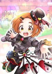 1girl absurdres black_bow black_hat black_shirt bow bowtie brown_hair child dot_nose grey_shirt hair_bow hat hat_ribbon highres idolmaster idolmaster_cinderella_girls long_sleeves maka073 open_mouth outstretched_arm ribbon ryuzaki_kaoru shirt