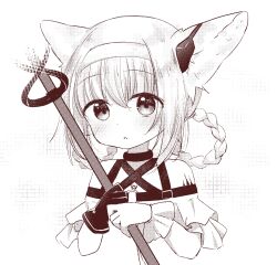 1girl animal_ears arknights braid braided_hair_rings dra_(whitedrph) earpiece fox_ears fox_girl gloves hair_rings hairband highres holding holding_staff material_growth monochrome oripathy_lesion_(arknights) single_glove solo staff suzuran_(arknights) twin_braids
