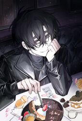 1boy absurdres alien_stage birthday black_eyes black_hair black_jacket black_shirt chain chain_necklace chayanbaibaibai chinese_commentary chocolate commentary commentary_request english_commentary food fork fruit head_on_hand highres holding holding_fork ivan_(alien_stage) jacket jewelry long_sleeves male_focus mixed-language_commentary necklace official_alternate_costume plate restaurant shirt sitting solo strawberry waffle
