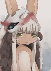 1other absurdres androgynous animal_ears blood_on_armor body_fur brown_fur ears_through_headwear facing_viewer fake_horns fang furry helmet highres horned_headwear horns looking_at_viewer made_in_abyss meowbzzy nanachi_(made_in_abyss) open_mouth simple_background skin_fang solo upper_body whiskers white_hair yellow_eyes