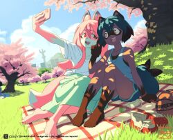 2girls :d animal_ears animal_nose artist_name bare_legs barefoot black_hair blue_hair blue_shorts blue_sky body_fur bottle brand_new_animal cellphone cherry_blossoms cloud cloudy_sky dappled_sunlight day dolphin_shorts feet fox_ears fox_girl fox_tail furry furry_female furry_with_furry grass green_skirt hair_between_eyes hanami hiwatashi_nazuna holding holding_phone kagemori_michiru long_hair long_skirt looking_at_another looking_at_phone michirutnk multicolored_hair multiple_girls open_mouth outdoors park phone picnic pink_hair raccoon_ears raccoon_girl raccoon_tail red_eyes sandals selfie shirt shoes short_hair short_shorts short_sleeves shorts sitting skirt sky smartphone smile sneakers socks sunlight tail taking_picture tank_top tanuki teeth toes tree tree_shade two-tone_hair under_tree unworn_sandals unworn_shoes upper_teeth_only v water_bottle watermark white_shirt
