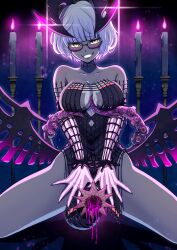 Rule 34 | 1girl, absurdres, bare shoulders, black dress, blush, breasts, candle, choker, cleavage, collarbone, colored skin, detached sleeves, dress, fate/grand order, fate (series), glasses, grey hair, grey skin, grin, harurukan, highres, horns, jacques de molay (foreigner) (fate), jacques de molay (foreigner) (third ascension) (fate), large breasts, looking at viewer, see-through body, sexually suggestive, short dress, short hair, skeletal arm, smile, solo, spread legs, tentacles, thighs, yellow eyes