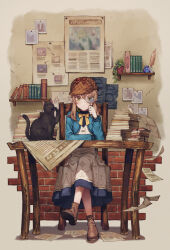 1girl black_cat book brick_wall brown_hair brown_shoes cat chair cover_image crack cracked_wall cropped_jacket crossed_legs dress fake_facial_hair fake_mustache flying_paper fujimi_nanna green_eyes highres holding holding_magnifying_glass inkwell looking_through_magnifying_glass magnifying_glass monica_everett nero_(silent_witch) newspaper official_art paper paper_stack photo_(object) plant potted_plant quill ribbon shelf shoes sidelocks silent_witch sitting solo table wooden_chair wooden_table