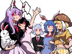 2023 5girls :3 :o animal animal_ears black_hair black_jacket blue_dress blue_hair breasts chinese_zodiac closed_mouth dango dress earclip flat_cap flat_chest floppy_ears food happy hat holding holding_animal iganashi1 inaba_tewi jacket kine long_hair mallet medium_breasts midriff moon_rabbit multiple_girls navel necktie newsboy_cap orange_shirt pink_dress pink_skirt pleated_skirt puffy_short_sleeves puffy_sleeves purple_hair rabbit rabbit_ears rabbit_girl rabbit_tail red_eyes red_necktie reisen_(touhou_bougetsushou) reisen_udongein_inaba ringo_(touhou) seiran_(touhou) shirt short_hair short_sleeves shorts simple_background skirt small_breasts striped_clothes striped_shorts tail touhou vertical-striped_clothes vertical-striped_shorts very_long_hair wagashi waving white_background year_of_the_rabbit yellow_shorts