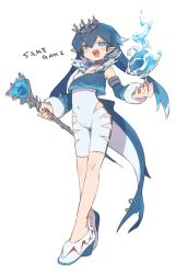 1girl absurdres blue_eyes blue_hair blush_stickers bodysuit covered_navel crown detached_sleeves fins fish_tail flat_chest full_body highres holding holding_wand long_hair looking_at_viewer magic mesugaki open_mouth original pointy_ears shark_girl shark_tail sharp_teeth smile smug solo tail teeth wand water white_bodysuit zizi_niisan