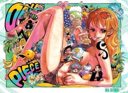 2girls 6+boys banana barefoot bikini bikini_top_only breasts brook_(one_piece) crossed_legs ear_piercing feet flower food franky_(one_piece) fruit giant giantess highres ice_cream jinbe_(one_piece) long_hair looking_at_viewer mini_person miniboy minigirl monkey_d._luffy multiple_boys multiple_girls nami_(one_piece) nico_robin oda_eiichirou official_art one_piece orange_hair piercing pineapple roronoa_zoro sanji_(one_piece) short_shorts shorts shoulder_tattoo smile sunglasses_on_head swimsuit tattoo teeth third-party_edit tongue tongue_out tony_tony_chopper upper_teeth_only usopp watermelon