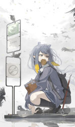 1girl absurdres backpack bag bird black_bird black_socks blue_eyes blunt_bangs chocosong commentary cookie crow food from_side gradient_hair highres hololive hololive_english kneehighs long_hair long_sleeves multicolored_hair ninomae_ina&#039;nis orange_hair pointy_ears puddle purple_hair rain ripples school_uniform sidelocks sign skirt socks solo squatting sweater symbol-only_commentary takodachi_(ninomae_ina&#039;nis) tentacle_hair tentacles too_many too_many_birds very_long_hair virtual_youtuber wind wind_lift