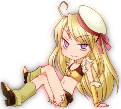 1girl ahoge arima_natsubon bow brown_shirt chibi chibi_only closed_mouth commentary_request crop_top fingerless_gloves flat_chest full_body fur-trimmed_gloves fur-trimmed_shirt fur-trimmed_shorts fur_trim gloves hat hat_bow long_hair looking_at_viewer midriff navel purple_eyes ragnarok_online red_bow shirt shorts simple_background sleeveless sleeveless_shirt smile sniper_(ragnarok_online) solo transparent_background two-tone_shirt white_hat yellow_gloves yellow_shirt yellow_shorts