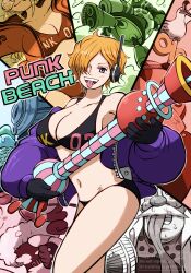 Rule 34 | 3girls, 4boys, apple7apo, bare legs, bikini, black bikini, blush, breasts, cleavage, dr. vegapunk, gloves, hair over one eye, highres, holding, holding weapon, jacket, large breasts, looking at viewer, multiple boys, multiple girls, navel, one piece, open clothes, open jacket, open mouth, orange hair, purple jacket, short hair, smile, swimsuit, teeth, thighs, tongue, tongue out, vegapunk atlas, vegapunk edison, vegapunk lilith, vegapunk pythagoras, vegapunk shaka, vegapunk york, weapon