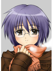 10s breath brown_eyes coat glasses grey_hair maguta nagato_yuki scarf short_hair smile solo suzumiya_haruhi_no_shoushitsu suzumiya_haruhi_no_yuuutsu
