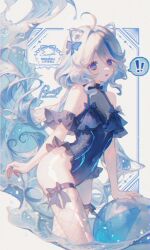 Rule 34 | !, 1girl, ahoge, alternate costume, animal ears, ball, bare shoulders, beachball, blue eyes, blue hair, blue one-piece swimsuit, breasts, cat ears, covered navel, cropped legs, feet out of frame, fishnet thighhighs, fishnets, floating hair, frilled one-piece swimsuit, frills, furina (genshin impact), genshin impact, hair between eyes, heterochromia, long hair, looking at viewer, multicolored hair, nail polish, one-piece swimsuit, open mouth, rut1024, solo, spoken exclamation mark, standing, streaked hair, swimsuit, thighhighs, water, waves, white hair