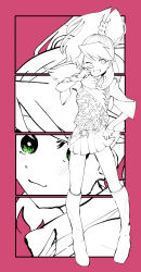 1girl ace_attorney ace_attorney_investigations boots female_focus green_eyes highres kay_faraday long_hair monochrome pink_background ponytail scarf skirt solo solo_focus standing xmartieisgood