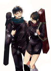 Rule 34 | black hair, carrying over shoulder, closed eyes, glasses, green hair, hand on another&#039;s shoulder, highres, jujutsu kaisen, kneehighs, kudan (itisarudomo), okkotsu yuuta, school uniform, skirt, smile, snowing, socks, weapon bag, zen&#039;in maki
