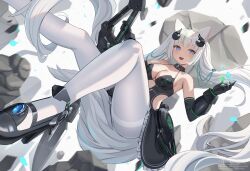 1girl absurdres animal_ear_fluff animal_ears bare_shoulders black_collar black_dress black_gloves black_shoes breasts cleavage clothing_cutout collar collarbone commentary_request crystal_shards debris dress elbow_gloves floating floating_hair gloves glowing green_streaks hair_ornament halter_dress halterneck hand_up highres holding holding_sword holding_weapon large_breasts legs_up loafers long_hair looking_ahead mirufuaa multicolored_hair object_floating_above_hand open_mouth original pantyhose purple_eyes rock shoes sideways_glance simple_background smile solo spaghetti_strap streaked_hair sword tail twintails very_long_hair watermark weapon white_background white_hair white_pantyhose white_trim