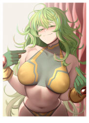 Rule 34 | 1girl, absurdres, blush, boku no hero academia, breasts, closed mouth, commentary, derivative work, english commentary, gloves, green eyes, green hair, hagakure toru, heart, highres, kusujinn, large breasts, long hair, looking at viewer, messy hair, navel, official alternate costume, pointing, pointing at self, simple background, smile, solo