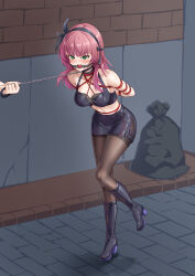 1girl absurdres alternate_costume angel_beats! arms_behind_back ball_gag bare_shoulders bdsm black_boots black_bow black_choker black_hairband black_pantyhose blunt_bangs blush bondage boots bound bound_arms bow breasts cap_(user_dxfj5558) choker cleavage collar collarbone commentary crop_top drooling eyelashes eyes_visible_through_hair feather_hair_ornament feathers figure_story full_body gag gagged green_eyes hair_bow hair_ornament hairband high_heel_boots high_heels highres knee_boots large_variant_set leaning_forward leash long_hair looking_ahead medium_breasts midriff miniskirt mouth_drool nakamura_yuri pantyhose pencil_skirt public_indecency purple_hair saliva shibari shibari_over_clothes shorts side_slit skindentation skirt solo standing standing_on_one_leg thighband_pantyhose v-shaped_eyebrows variant_set wiffle_gag