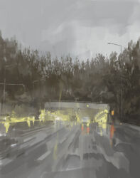 Rule 34 | absurdres, car, day, forest, grey sky, headlight beam, highres, highway, motor vehicle, nature, original, outdoors, painting (medium), road, scenery, shadow, sky, slow d, traditional media, traffic, tree, tunnel