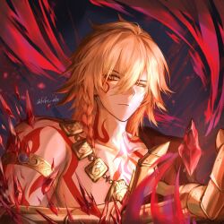 1boy arm_tattoo armor armored_gloves black_coat black_pants blonde_hair braid cape chest_tattoo closed_mouth coat crystal crystal_shards earrings facial_tattoo gold_armlet gold_earrings gold_necklace gradient_hair hair_between_eyes highres honkai:_star_rail honkai_(series) jewelry ksks_abr looking_to_the_side male_focus material_growth medium_hair multicolored_hair mydei_(honkai:_star_rail) necklace open_clothes open_coat pants pauldrons red_cape red_hair red_tattoo shoulder_armor side_braid single_pauldron solo tattoo toned toned_male