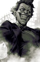 Rule 34 | 1boy, batman (series), bow, bowtie, collared shirt, crazy, crazy eyes, crazy smile, dc comics, from below, grin, highres, jacket, looking at viewer, open clothes, open jacket, shirt, short hair, smile, solo, stanley lau, teeth, textless version, the joker, upper body, vest, white shirt