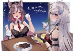 2girls absurdres ahoge animal_ears arm_belt asymmetrical_gloves belt black_belt black_dress black_gloves black_hat blue_eyes bottle bra breasts brown_hair chisaka_airi choko_(cup) closed_eyes collar colored_inner_hair commission cup detached_collar detached_sleeves dress drunk ember_amane fangs fingerless_gloves flower food gloves grey_hair grey_nails hair_flower hair_ornament hat highres holding holding_bottle holding_cup holding_food holding_pocky long_hair mismatched_gloves mole mole_on_breast multicolored_hair multiple_girls necktie phase_connect pink_hair pink_nails plaid_bra plaid_clothes plate pocky purple_hair red_bra red_necktie second-party_source short_necktie skeb_commission table tanaka_(tps9g) thank_you two-tone_nails underwear virtual_youtuber white_collar white_flower white_hair wolf_ears wolf_girl