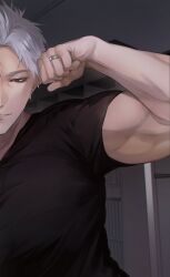 1boy biceps black_shirt highres jewelry lips looking_at_viewer love_and_deepspace male_focus ng_ai0 parted_lips red_eyes ring shirt short_hair solo sylus_(love_and_deepspace) white_hair