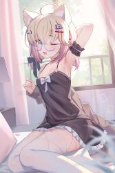 1girl absurdres ahoge animal_ear_fluff animal_ears arm_up armpits bed black_bow black_dress blonde_hair blue_eyes bow cat_ears cat_girl controller_hair_ornament dress glasses hair_ornament hairclip highres indie_virtual_youtuber indoors looking_at_viewer low_twintails medium_hair minikomew on_bed one_eye_closed open_mouth sitting solo thighhighs twintails waifuspite white_bow white_thighhighs window
