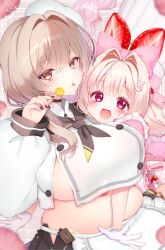 17ho_10ban 2girls absurdres apron black_nails black_neckerchief bow bready_(nikke) brown_hair candy chef_hat crust_(nikke) food food-themed_hair_ornament gloves goddess_of_victory:_nikke hair_ornament hat highres hug lollipop looking_at_viewer multiple_girls neckerchief open_mouth parted_lips pink_bow plump rabbit_hair_ornament red_eyes shirt strawberry_hair_ornament white_apron white_gloves white_hat white_shirt
