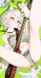 1girl absurdres animal_ears bang_dream! bang_dream!_it&#039;s_mygo!!!!! blue_eyes blush camisole candy cat_ears cat_girl closed_mouth commentary covered_erect_nipples eltir esp_guitars food grey_camisole grey_panties heterochromia highres holding holding_candy holding_food holding_lollipop kaname_raana kemonomimi_mode lollipop long_sleeves navel panties raana_the_cat short_hair solo spread_legs underwear white_hair yellow_eyes
