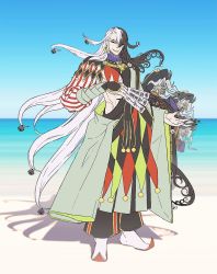 2boys ashiya_douman_(fate) asymmetrical_clothes asymmetrical_hair baggy_pants beach beard bell bicorne black_eyes black_hair black_headwear black_pants blue_coat blue_sky christopher_columbus_(fate) coat curly_hair earrings evil_grin evil_smile facial_hair fate/grand_order fate_(series) green_kimono grin hadanugi_dousa hair_bell hair_between_eyes hair_ornament hat highres japanese_clothes jewelry jingle_bell kimono long_hair long_sleeves looking_at_viewer magatama magatama_earrings multicolored_hair multiple_boys multiple_views ocean old old_man onmyouji open_clothes open_kimono pants parted_bangs shore sky smile spell_tag split-color_hair two-tone_hair very_long_hair wada_arco white_footwear white_hair wide_sleeves