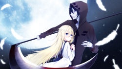10s 1boy 1girl absurdres bag bandaged_hand bandaged_head bandages black_jacket blonde_hair blue_eyes blue_hair blush brown_eyes closed_mouth commentary_request empty_eyes feathers full_moon hair_between_eyes hands_up highres holding holding_scythe hood hood_up hooded_jacket isaac_foster jacket long_hair long_sleeves looking_at_viewer looking_to_the_side moon night night_sky open_clothes open_jacket own_hands_clasped own_hands_together rachel_gardner satsuriku_no_tenshi scythe shirt shoulder_bag sky star_(sky) starry_sky striped_clothes striped_shirt the_cold very_long_hair white_feathers white_jacket